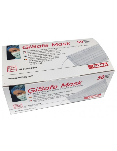 GISAFE MASCHERINA CHIRURGICA FILTRANTE 98% 3 VELI tipo II con elastici - adulti - bianca - scatola